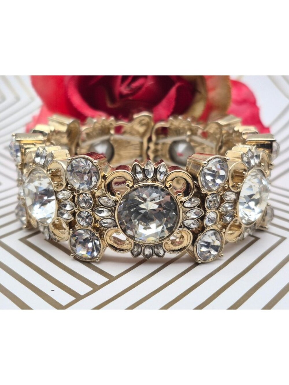 Ann Taylor Gold Tone Chunky Statement Crystal Stretch Bracelet Formal Wide